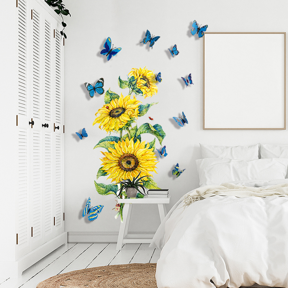 Set Stickere decorative 3D Floarea soarelui si 12 fluturi albastri, 30x60cm, 2 bucati - imagine 3