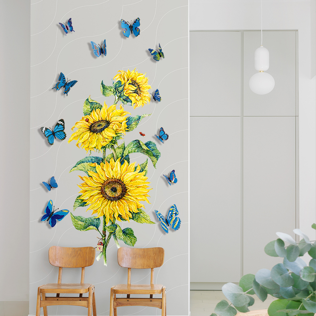 Set Stickere decorative 3D Floarea soarelui si 12 fluturi albastri, 30x60cm, 2 bucati - imagine 4