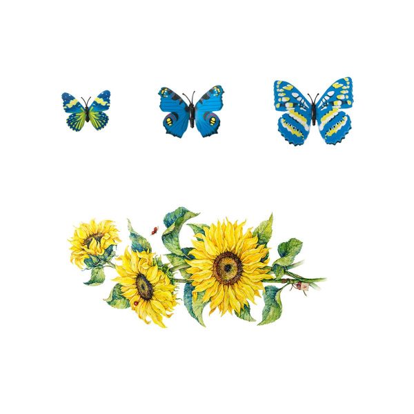 Set Stickere decorative 3D Floarea soarelui si 12 fluturi albastri, 30x60cm, 2 bucati