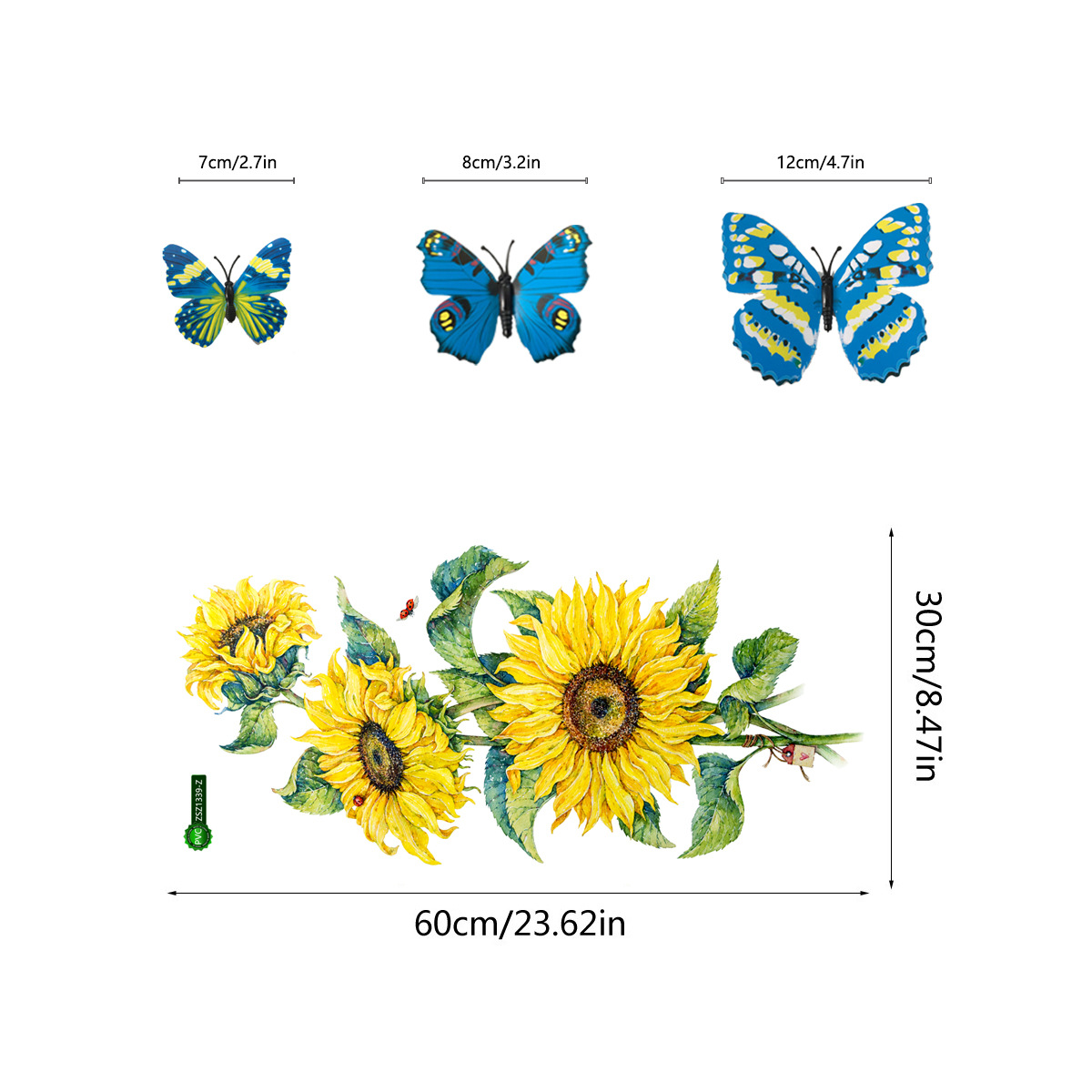 Set Stickere decorative 3D Floarea soarelui si 12 fluturi albastri, 30x60cm, 2 bucati - imagine 6