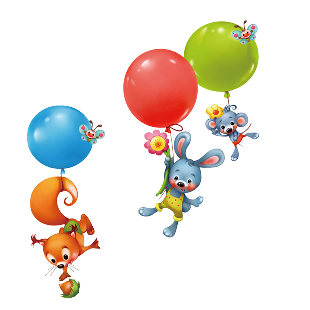 Sticker decorativ 3D pentru camera copiilor cu animalute si baloane colorate, 45x60cm, multicolor