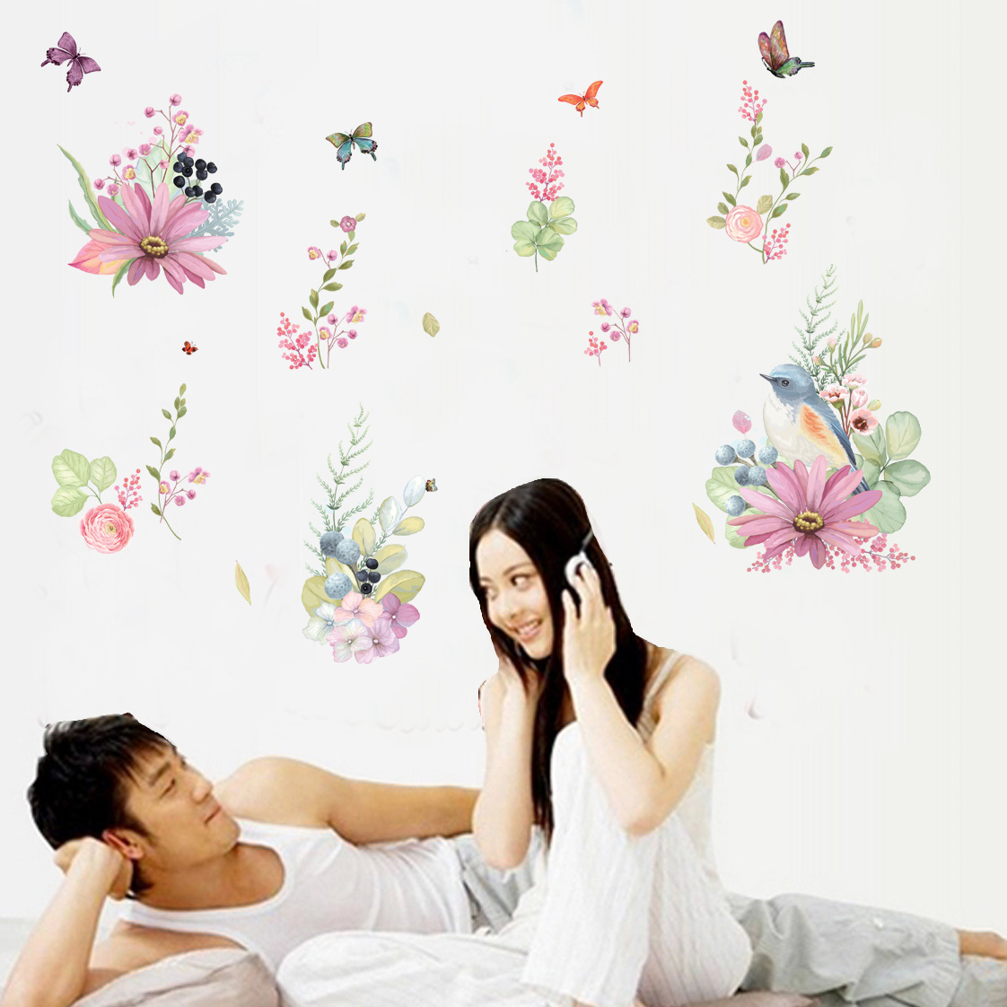 Sticker decorativ cu motive florale si fluturi, 60x90 cm, multicolor - imagine 3