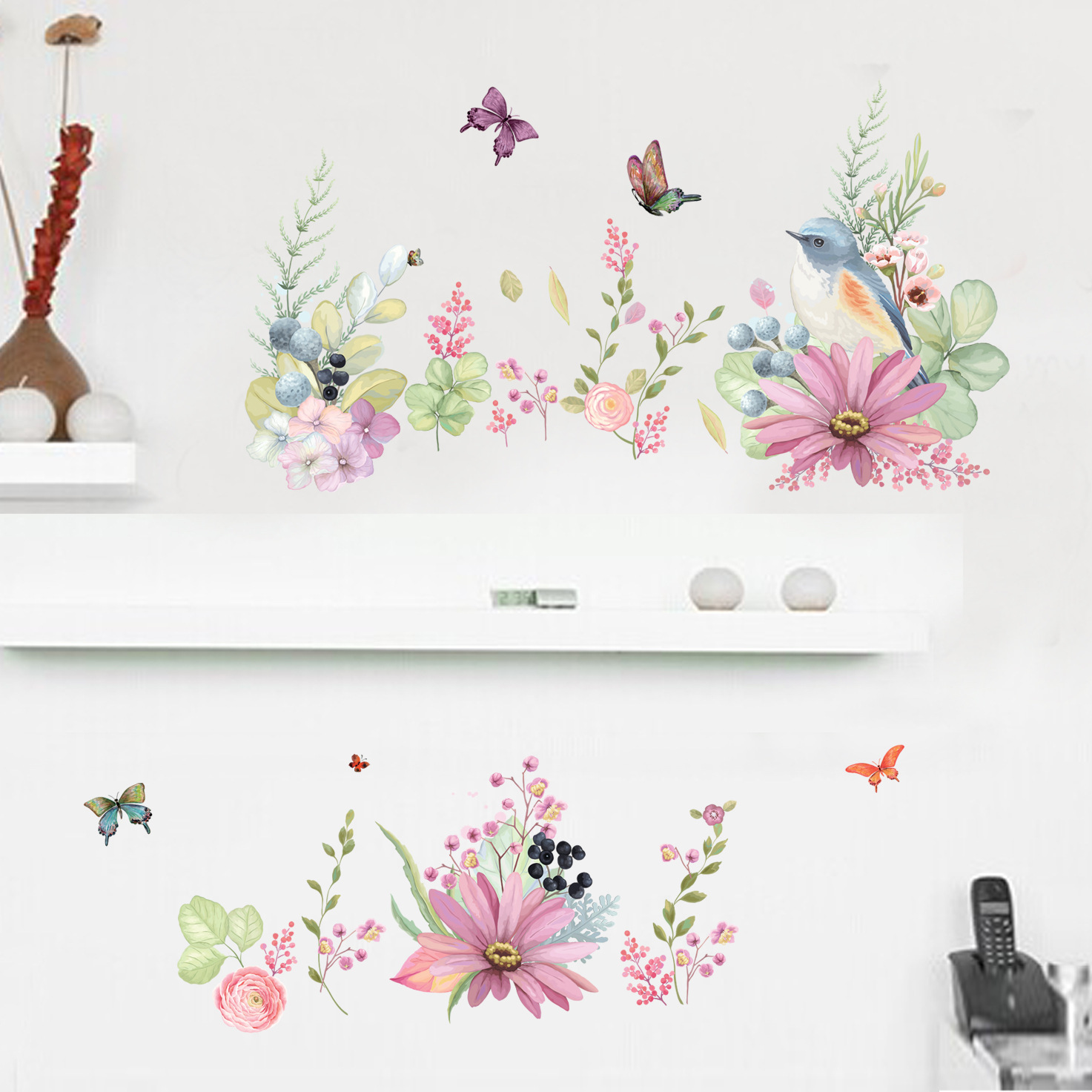 Sticker decorativ cu motive florale si fluturi, 60x90 cm, multicolor - imagine 4