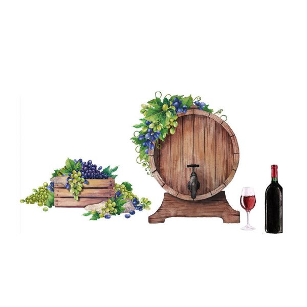 Sticker decorativ bucatarie, Butoi de vin si struguri, 50x70cm, multicolor