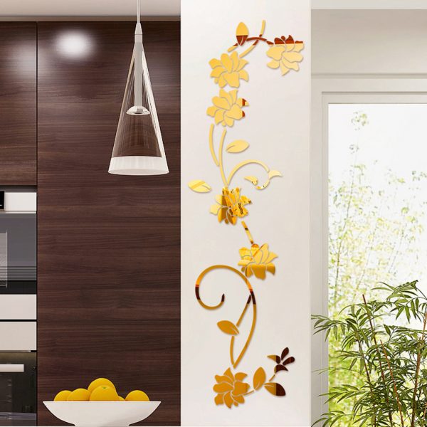 Sticker decorativ din oglinda acrilica, Flori 3D, 30×100 cm, auriu