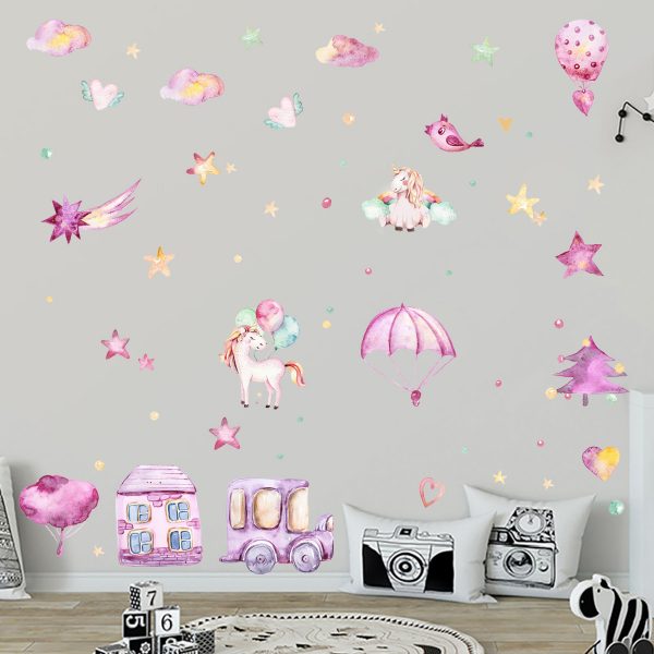 Sticker decorativ cu Unicorni, 6 coli autocolante, 14.8×21 cm, culoare roz/mov