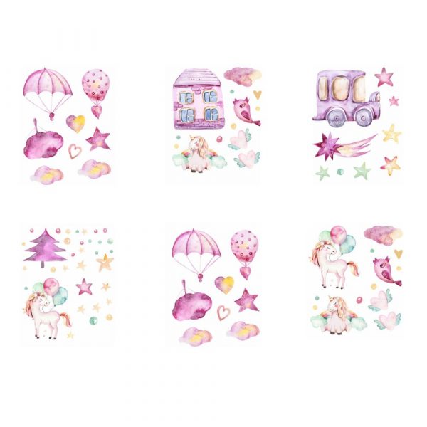 Sticker decorativ cu Unicorni, 6 coli autocolante, 14.8×21 cm, culoare roz/mov