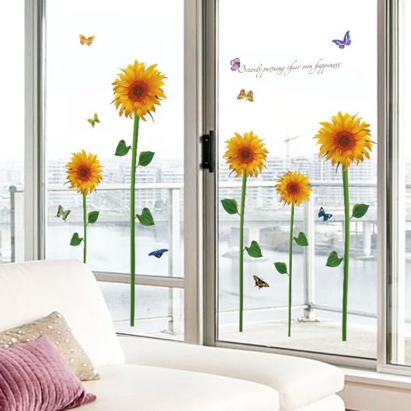 Sticker decorativ perete/geam cu Floarea soarelui si fluturasi, 60×90 cm, culoare galben/verde