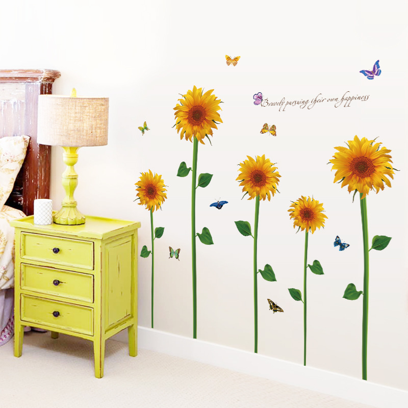 Sticker decorativ perete/geam cu Floarea soarelui si fluturasi, 60x90 cm, culoare galben/verde - imagine 4