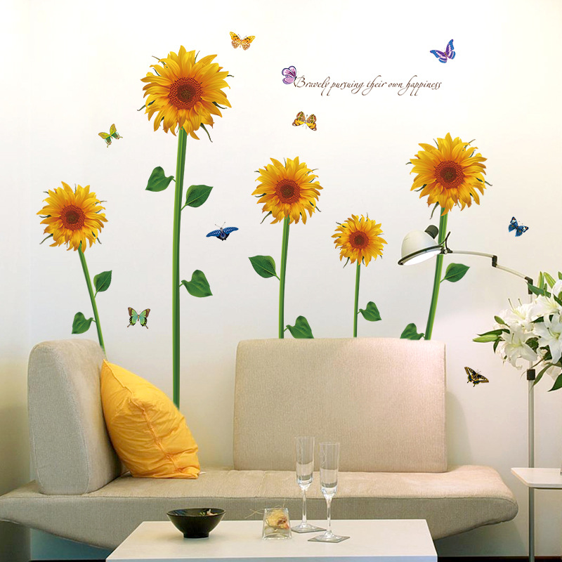 Sticker decorativ perete/geam cu Floarea soarelui si fluturasi, 60x90 cm, culoare galben/verde - imagine 5
