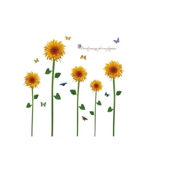 Sticker decorativ perete/geam cu Floarea soarelui si fluturasi, 60×90 cm, culoare galben/verde