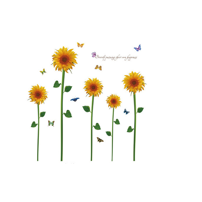 Sticker decorativ perete/geam cu Floarea soarelui si fluturasi, 60x90 cm, culoare galben/verde