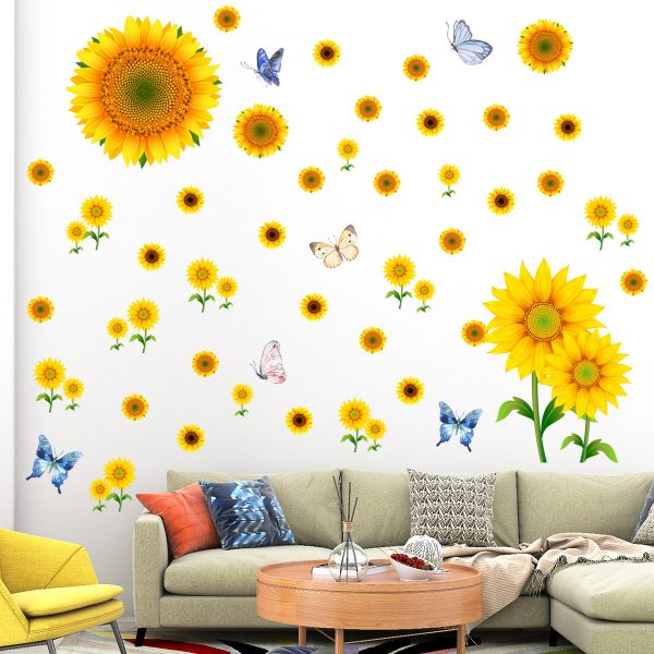 Stickere decorative cu Floarea soarelui si 6 fluturasi, 4 coli cu dimensiune 30×45 cm, galben/albastru