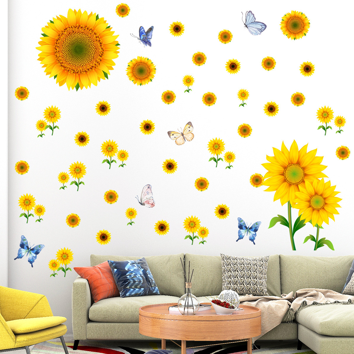 Stickere decorative cu Floarea soarelui si 6 fluturasi, 4 coli cu dimensiune 30x45 cm, galben/albastru - imagine 2