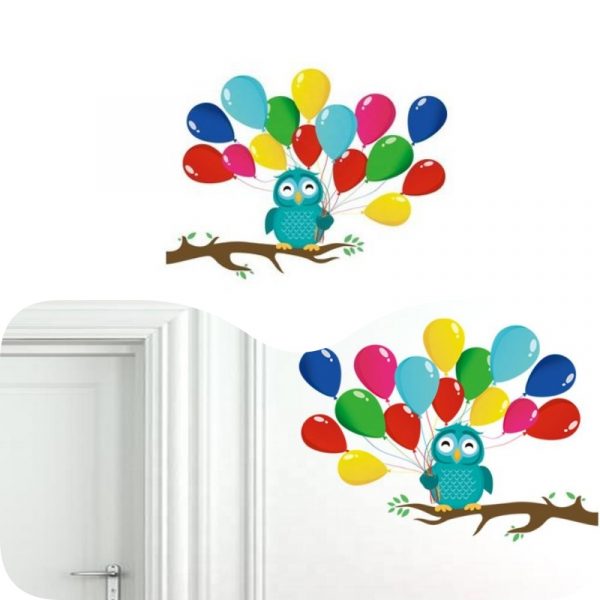 Sticker autocolant de perete, model Bufnita cu baloane colorate, 45x60cm, multicolor