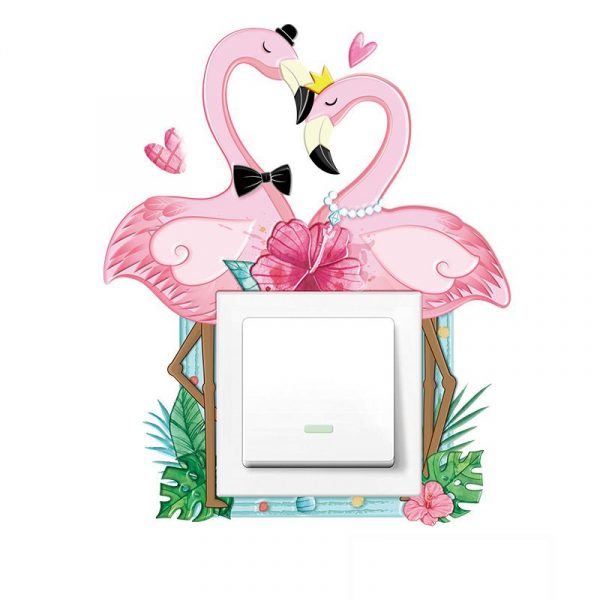 Sticker decorativ 3D pentru priza sau intrerupator, model Flamingo, 8.6×8.6 cm, culoare roz