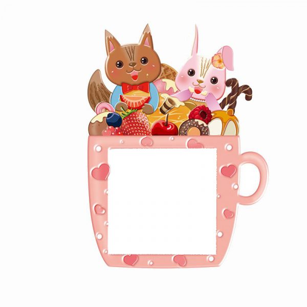 Sticker decorativ 3D pentru priza sau intrerupator, model Cana cu inimioare si veverite, 8.6×8.6 cm, culoare roz