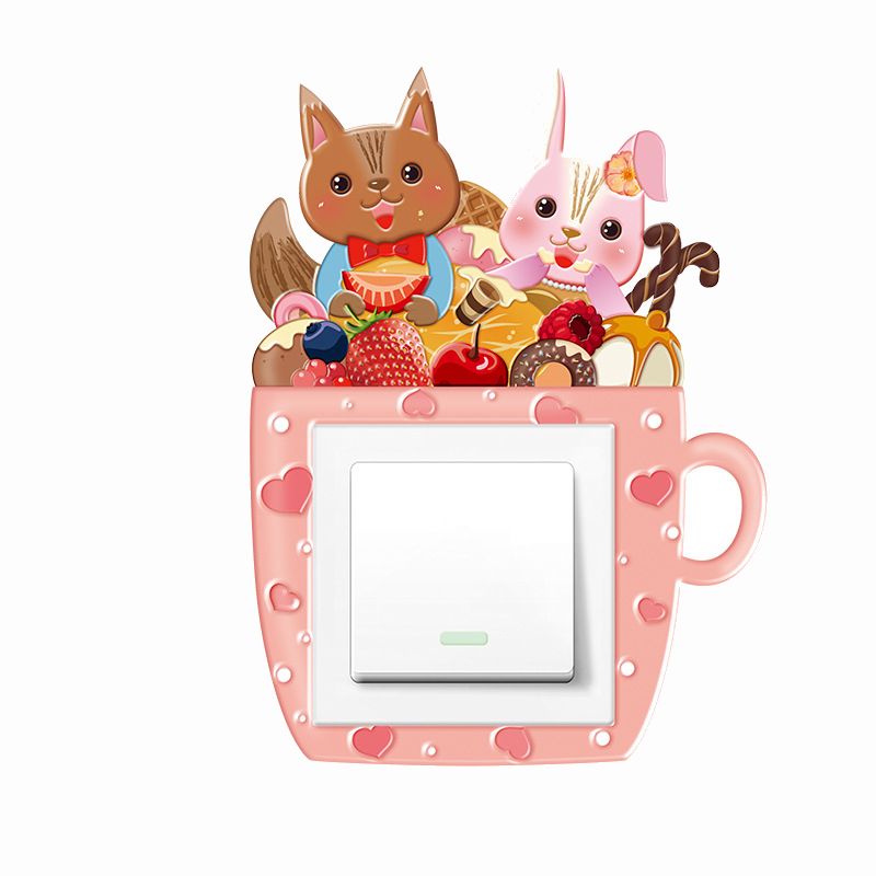 Sticker decorativ 3D pentru priza sau intrerupator, model Cana cu inimioare si veverite, 8.6x8.6 cm, culoare roz - imagine 2