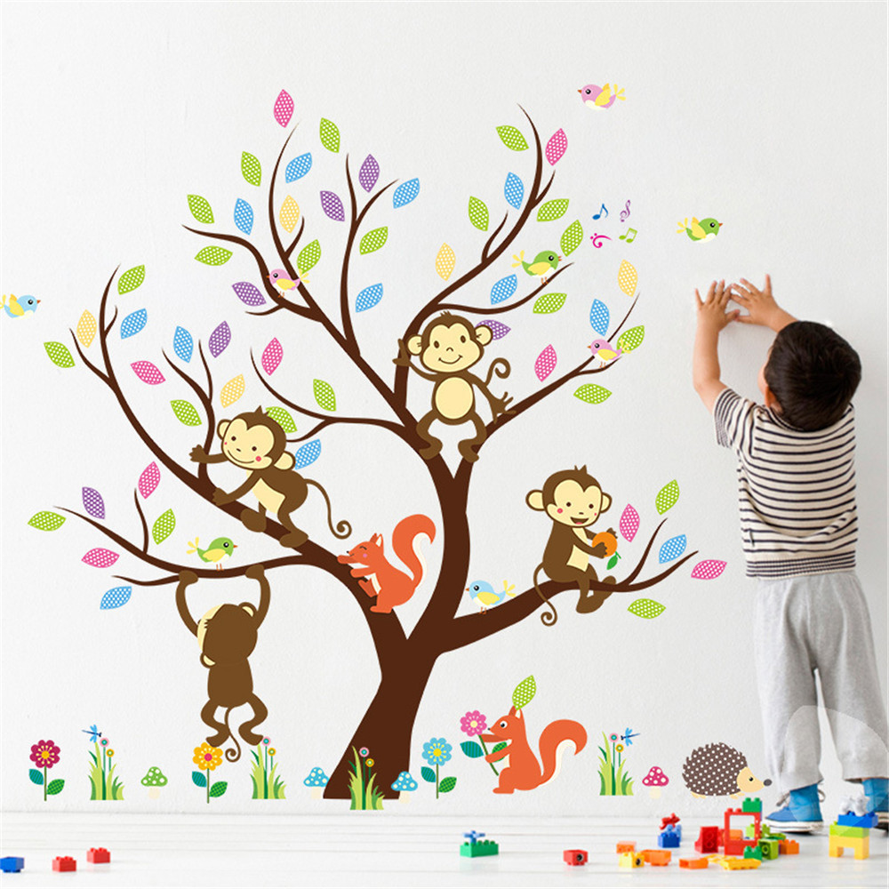 Sticker decorativ pentru camera copiilor, Copac cu animalute, 91x110 cm - imagine 5