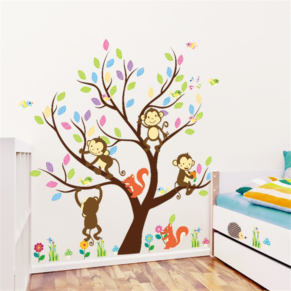 Sticker decorativ pentru camera copiilor, Copac cu animalute, 91x110 cm - imagine 4