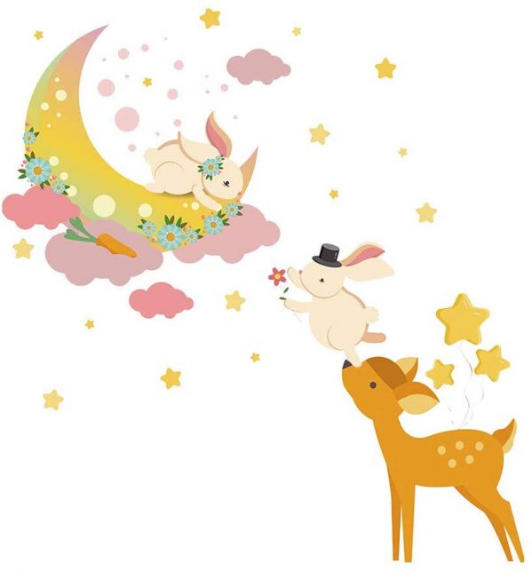 Sticker decorativ cu animalute, stelute, nori si luna, dimensiune 83×88 cm, multicolor