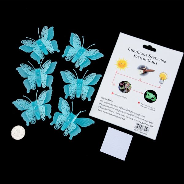 Set 6 stickere fosforescente cu Fluturasi 3D, dimensiune 5.5x 8 cm, culoare albastru