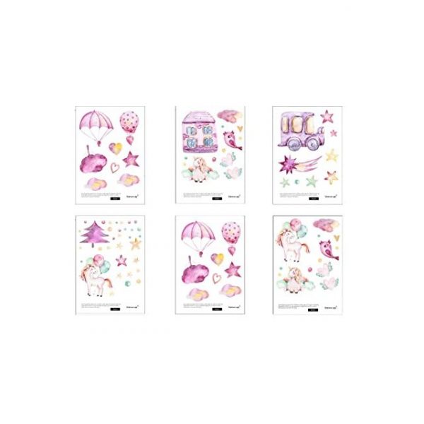 Sticker decorativ cu unicorn, stelute si masini, 6 coli autocolante, 14.8×21 cm, culoare Roz
