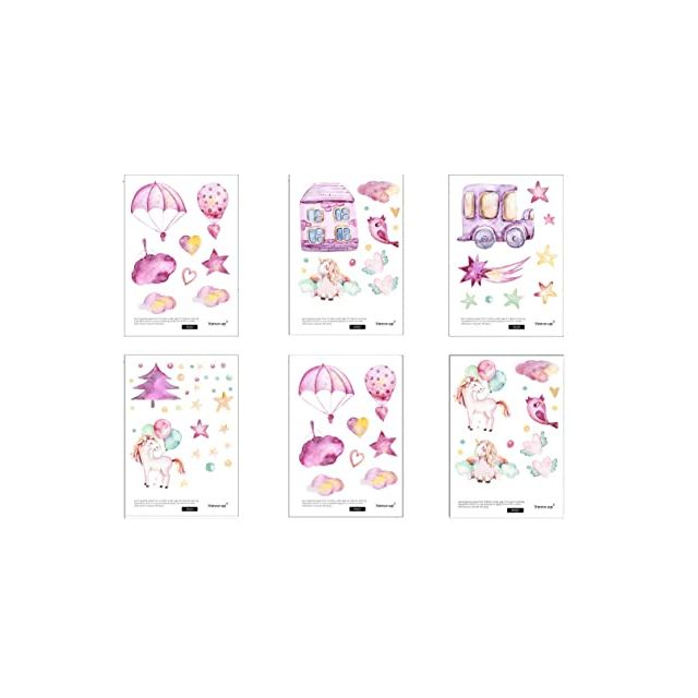 Sticker decorativ cu unicorn, stelute si masini, 6 coli autocolante, 14.8x21 cm, culoare Roz