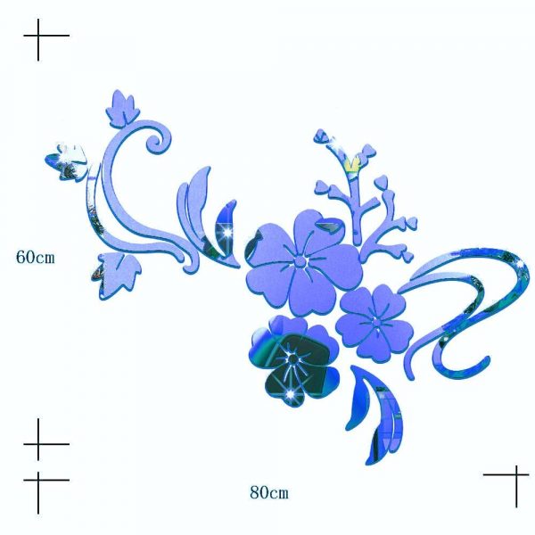 Sticker decorativ Flori 3D din oglinda acrilica, 60×80 cm, culoare albastru