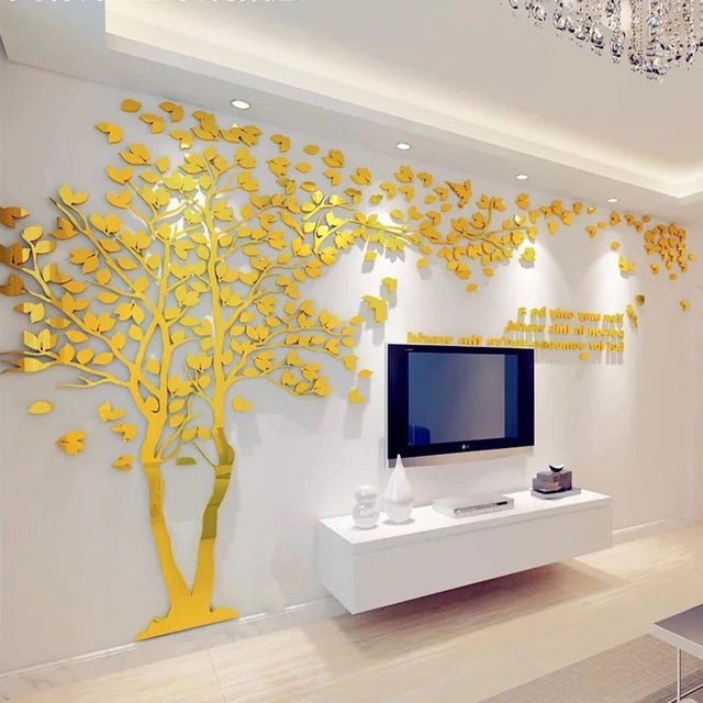 Sticker decorativ 3D cu mesaj, copac si pasarele, oglinda acrilica, 200x100 cm, auriu - imagine 2