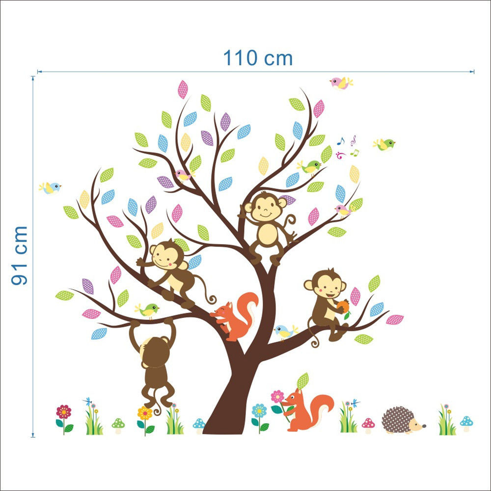 Sticker decorativ pentru camera copiilor, Copac cu animalute, 91x110 cm - imagine 2