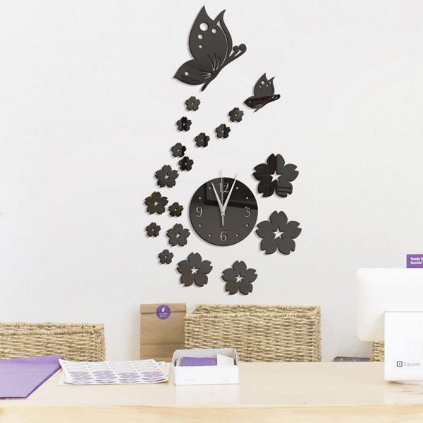 Ceas decorativ 3D oglinda acrilica, Fluturi si flori, dimensisune 35×61 cm, culoare negru