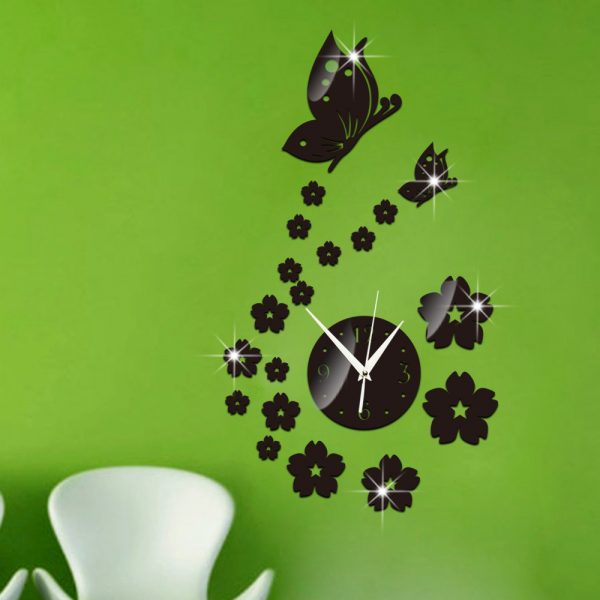 Ceas decorativ 3D oglinda acrilica, Fluturi si flori, dimensisune 35×61 cm, culoare negru