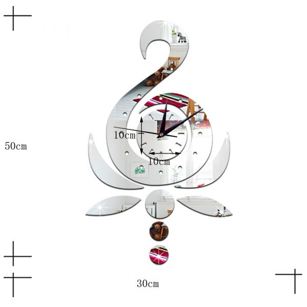 Ceas decorativ de perete Lebada, din oglinda acrilica, 30×50 cm, culoare argintiu