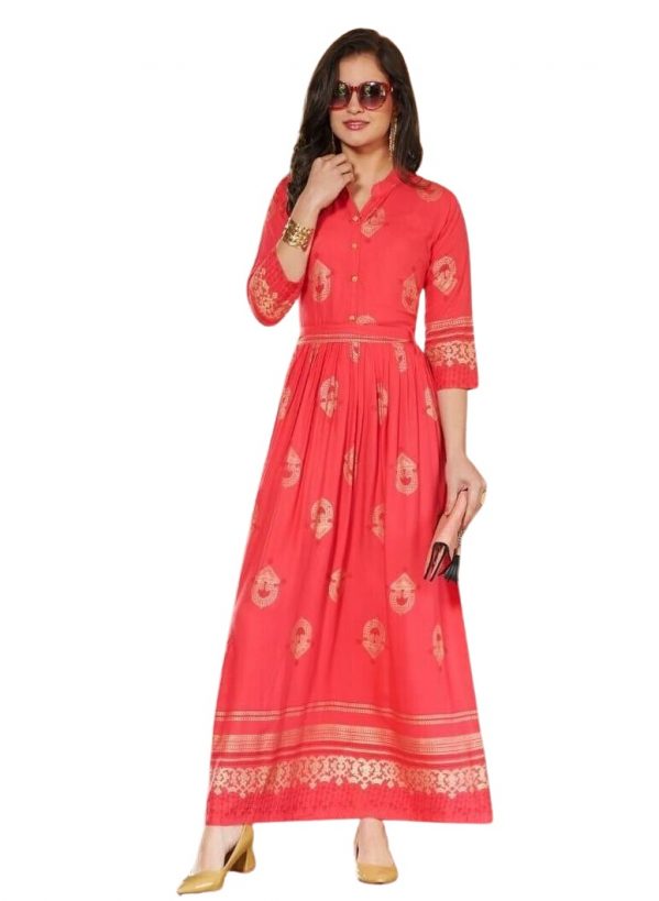 Rochie casual elegant, lunga cu modele din bumbac, culoare roz, marime 2XL