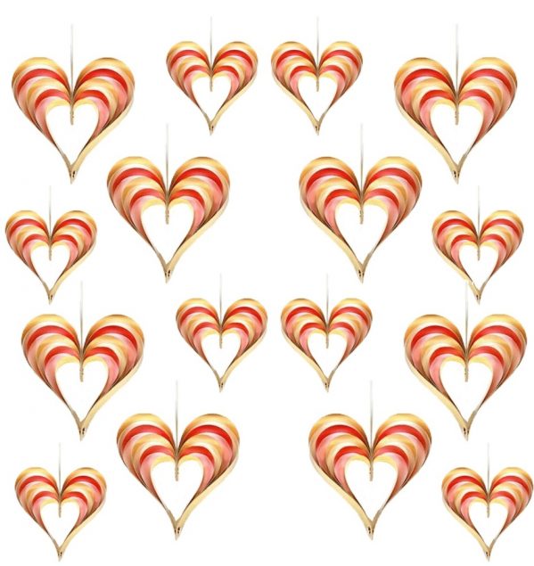 Set 16 Ghirlande decorative suspendate cu inimi, pentru petreceri, botez sau nunti, diverse marimi, auriu/roz