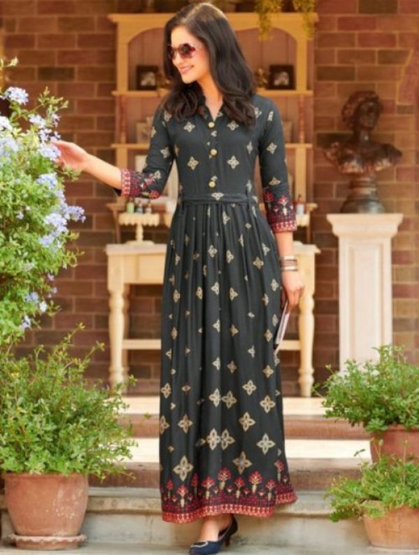 Rochie lunga Yash, casual elegant, cu modele, din bumbac, culoare gri, marime L