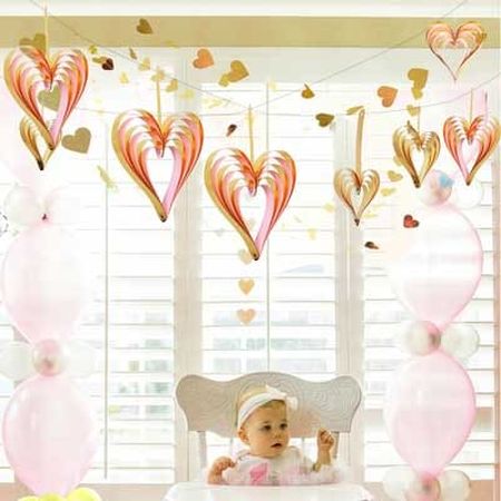 Set 16 Ghirlande decorative suspendate cu inimi, pentru petreceri, botez sau nunti, diverse marimi, auriu/roz - imagine 4
