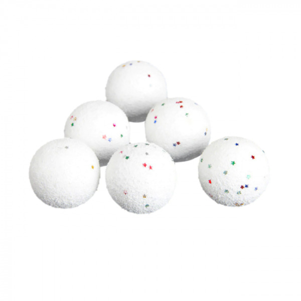 Set 6 globuri de Craciun, albe cu stelute multicolore, diametru 6 cm