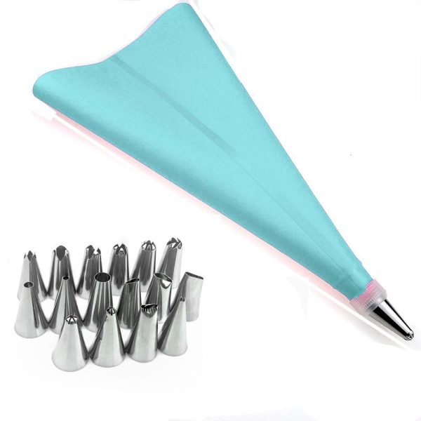 Set pos din silicon si 12 duiuri inox, pentru decorare tort, culoare albastru
