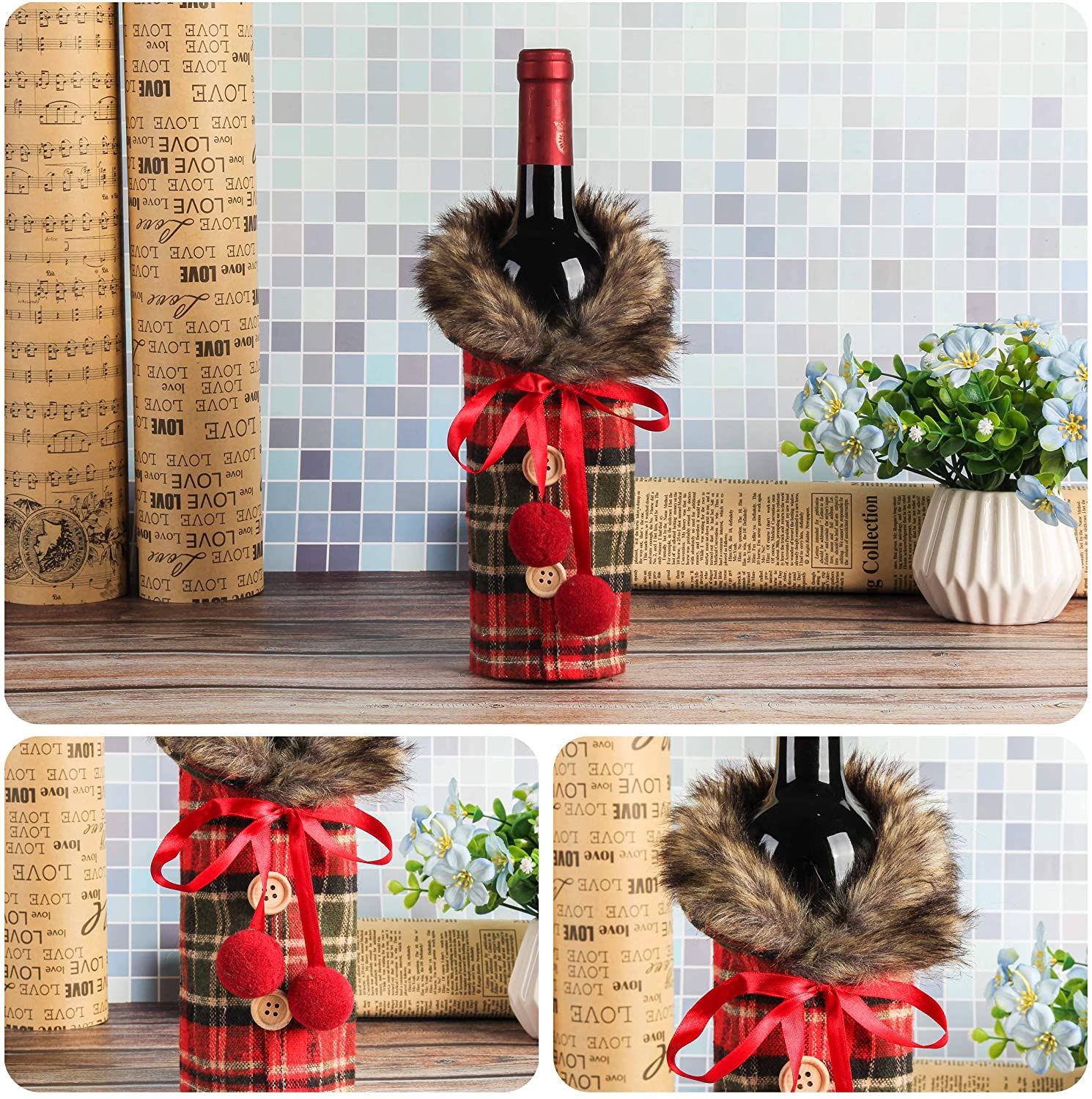 Set 2 huse pentru sticla de vin cu fundita, din material textil, culoare rosu - imagine 3