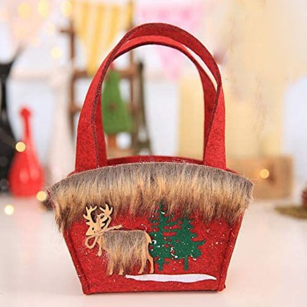 Set 2 pungi cadou pentru Craciun din postav, cu ren si blanita, 20×24 cm, culoare rosu
