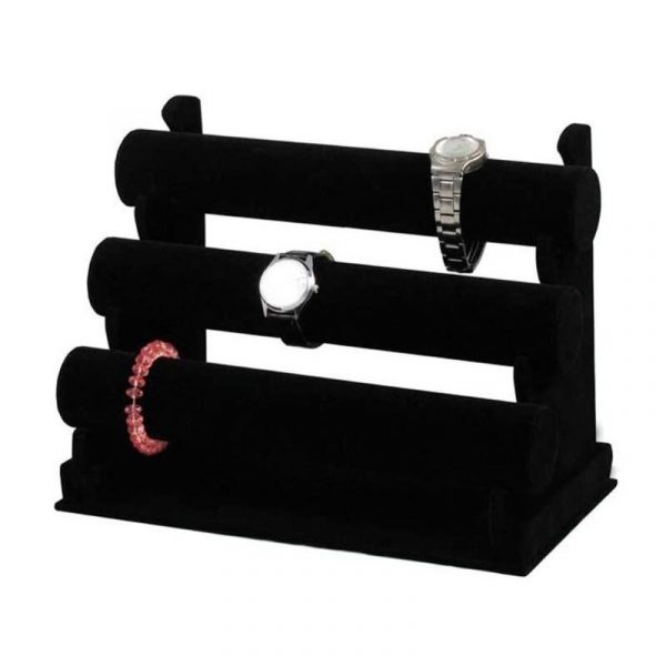 Suport etajat pentru bratari sau ceasuri din catifea, 24.5x18x30 cm, culoare negru