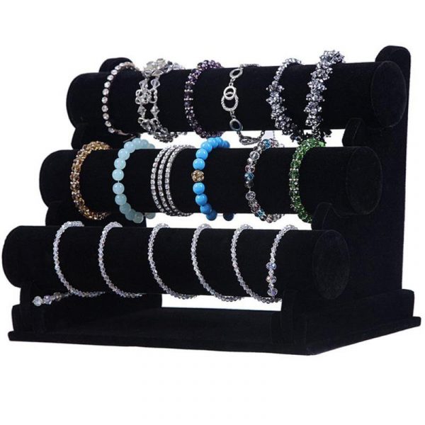 Suport etajat pentru bratari sau ceasuri din catifea, 24.5x18x30 cm, culoare negru