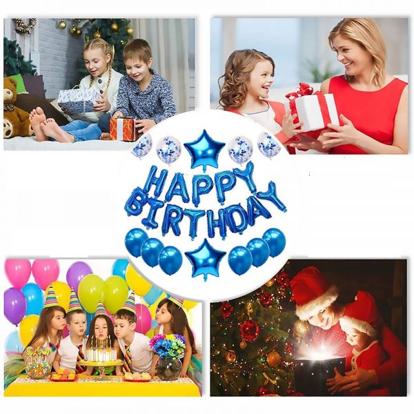 Set 25 baloane aniversare, Happy Birthday, diverse forme si marimi, culoare albastru
