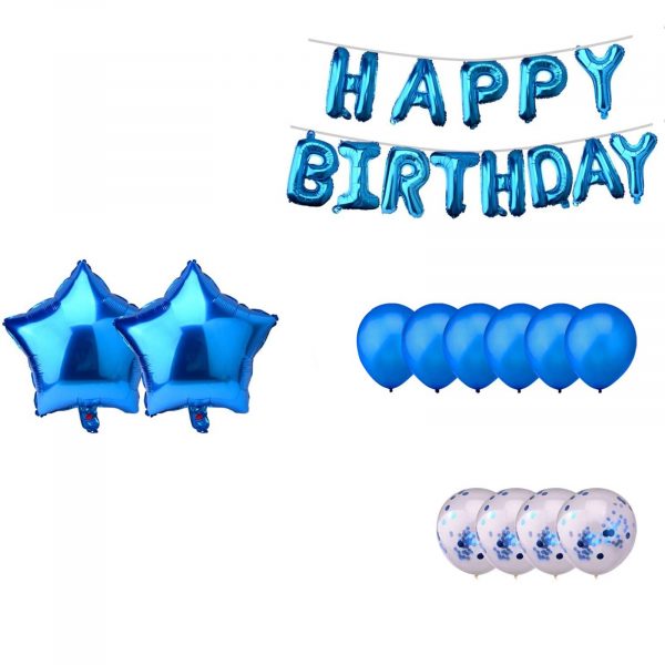 Set 25 baloane aniversare, Happy Birthday, diverse forme si marimi, culoare albastru