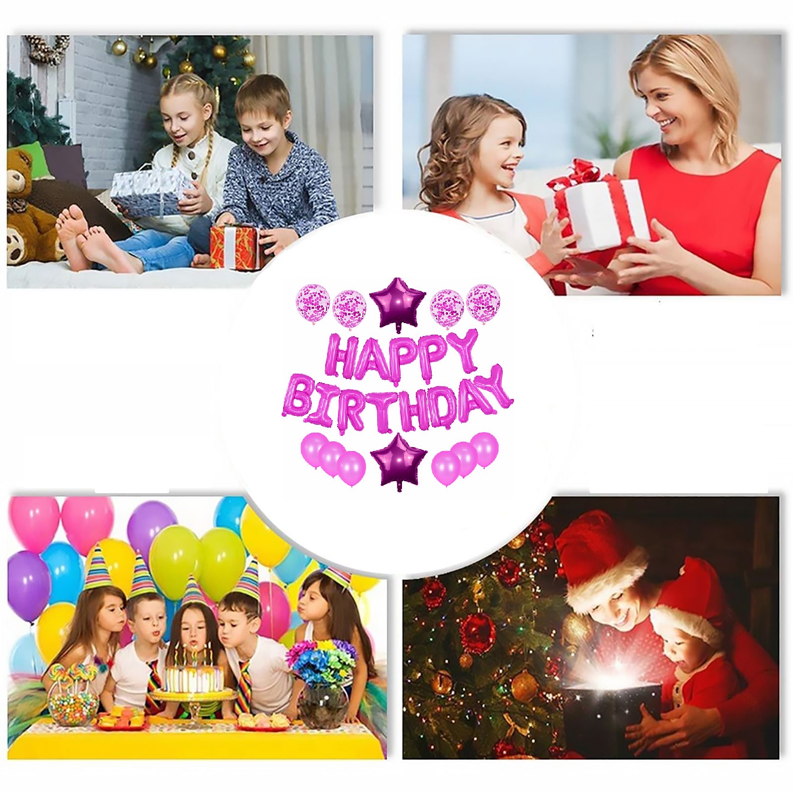 Set 25 baloane aniversare, Happy Birthday, diverse forme si marimi, culoare roz