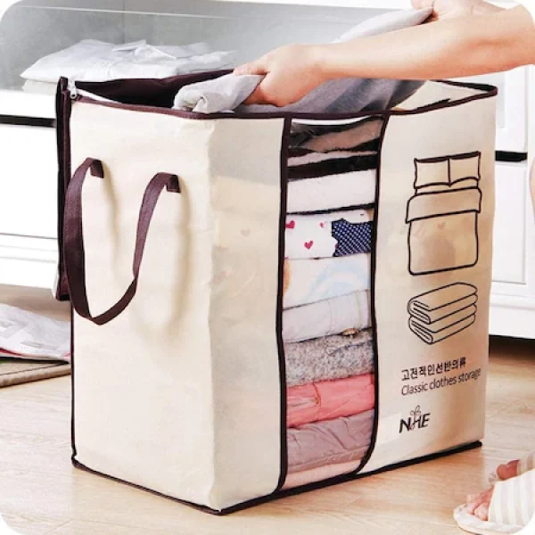 Organizator textil cu fermoar pentru depozitare pilote si articole textile, 45.5x 29 x 51 cm , bej