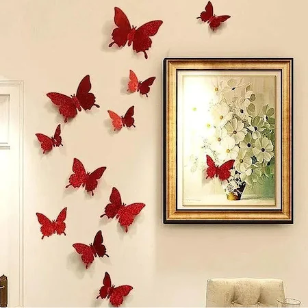 Set 12 Fluturi decorativi cu aspect 3D, diverse marimi, culoare rosu - imagine 5