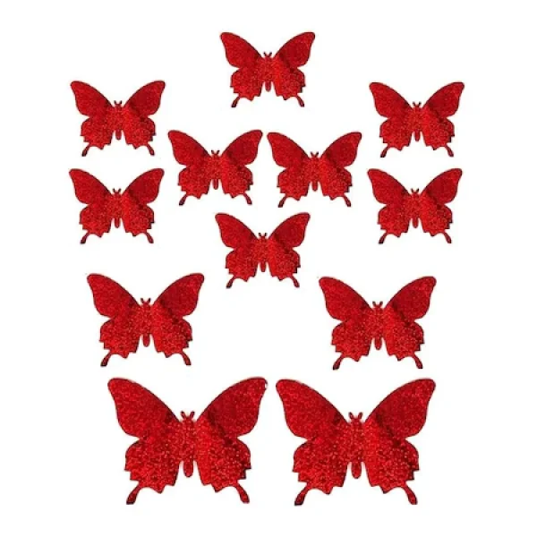 Set 12 Fluturi decorativi cu aspect 3D, diverse marimi, culoare rosu
